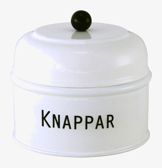 Plåtburk Knappar Svart/Vit från Strömshaga på vit bakgrund