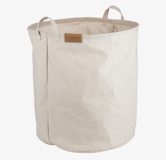 Bild av rund tygförvaring med handtag och läderdetalj