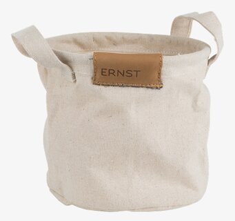 Bild av rund förvaringskorg i beige textil med handtag