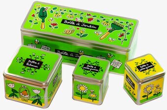 Bild av färgglada trädgårdsburkar med blommotiv