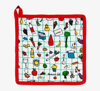 Bild av färgglad grytlapp med köksmotiv och röd kant