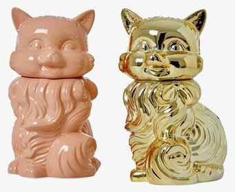 Bild av keramikburkar i rosa och guld med kattmotiv