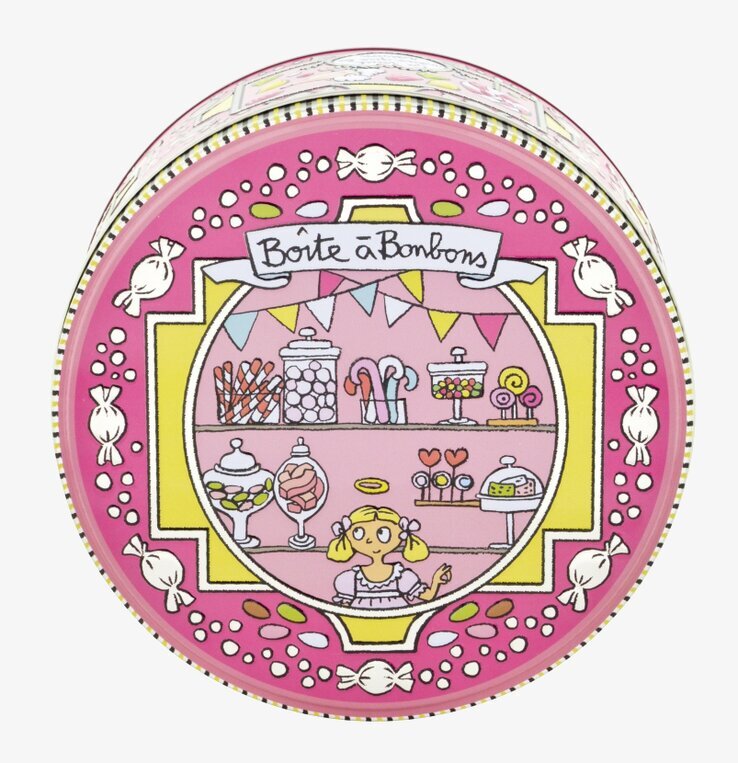 Plåtburk Relief Godis från Derriére la porte, färgglad design