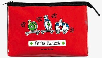 Bild av röd medicinväska med lekfulla illustrationer