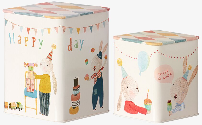 Plåtburkar Happy Day från Maileg med festliga kaniner