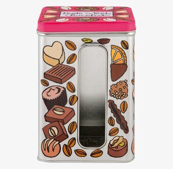 Plåtburk Praliner från Derriére la porte med färgglada motiv