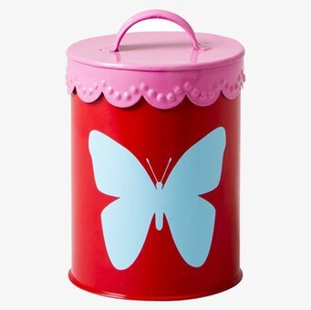 Plåtburk Fjäril från Rice med röd bakgrund och blå fjäril