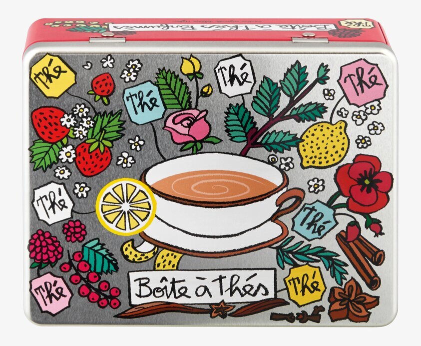 Plåtburk Tepåsar Röd från Derriére la porte med färgglada motiv