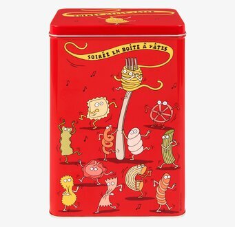 Plåtburk Makaroner röd från Derriére la porte med pastafigurer