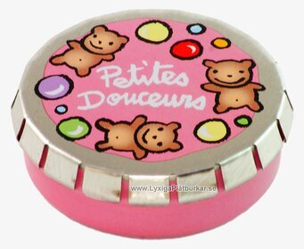 Bild av rosa burk med björnar och färgglada cirklar