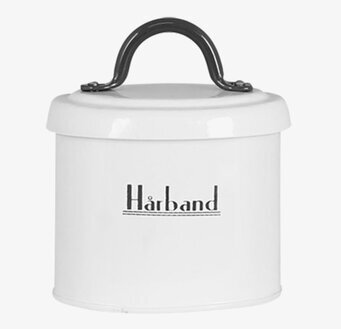 Plåtburk Hårband från Strömshaga, vit med svart text