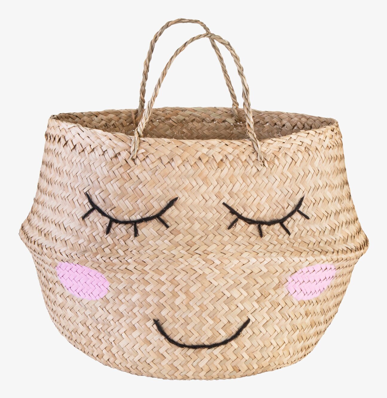 Foto av flätad förvaringskorg med ansiktsdetaljer