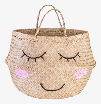 Foto av flätad förvaringskorg med ansiktsdetaljer