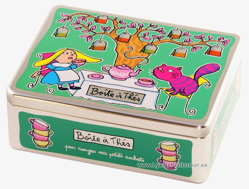 Plåtburk Tepåsar grön från Derriére la porte med sagomotiv