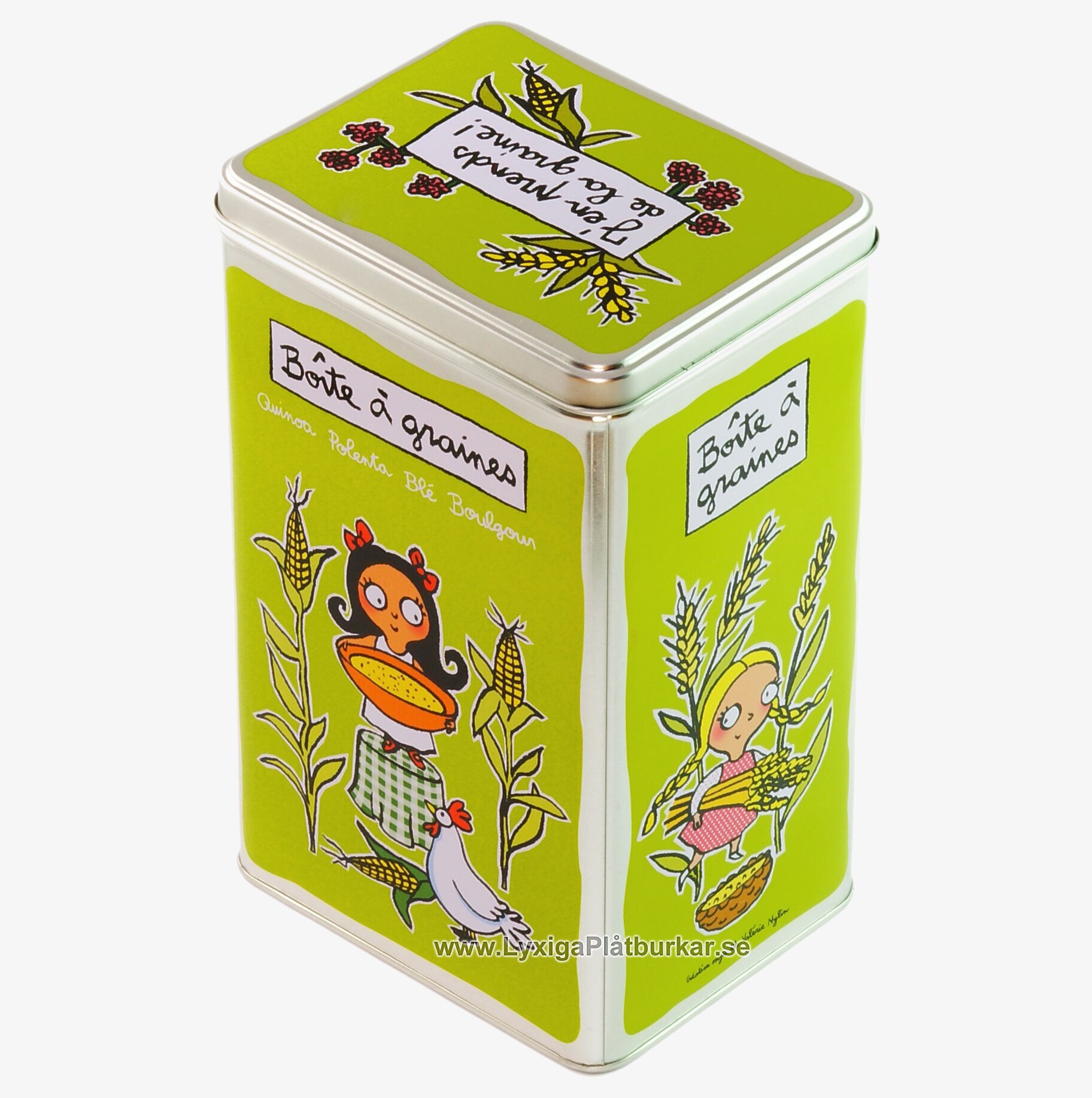 Plåtburk Korn lime från Derriére la porte med illustrationer