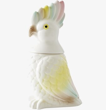 Bild av detaljrikt utformad kakaduaburk i porslin