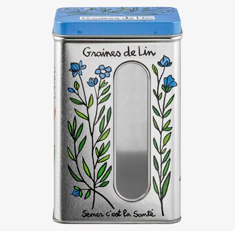 Plåtburk Linfrö från Derriére la porte med blå blommor