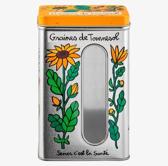 Plåtburk Solroskärnor från Derriére la porte med dekor