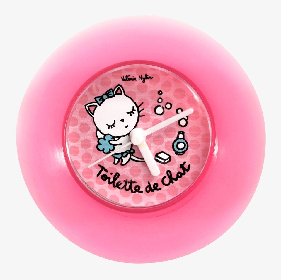 Bild av rosa badrumsklocka med kattmotiv och detaljer