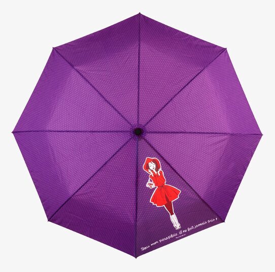 Bild av lila paraply med röd illustration och prickar
