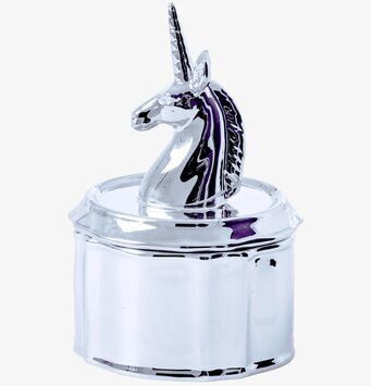 Bild av unik plåtburk med glänsande yta och enhörning