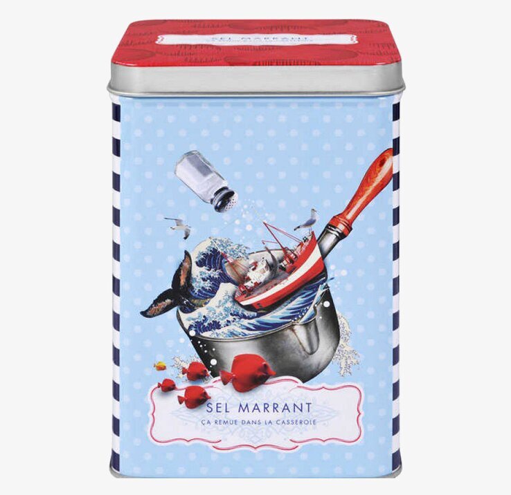 Plåtburk Havssalt från Derriére la porte med marint tema