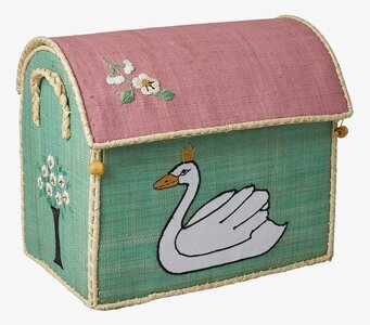 Foto av förvaringskorg med svanmotiv och blommor