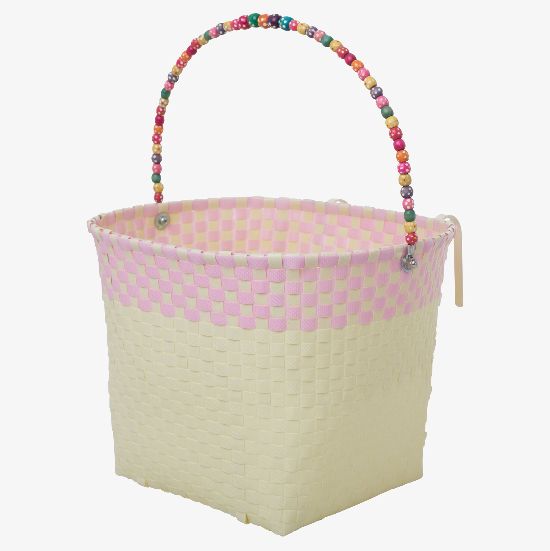 Foto av färgglad cykelkorg med pärldekorerat handtag