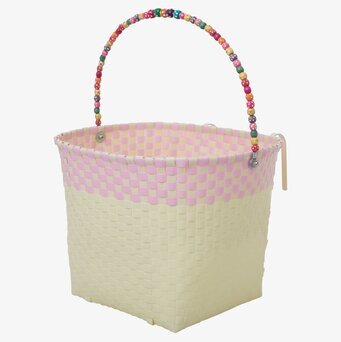 Foto av färgglad cykelkorg med pärldekorerat handtag