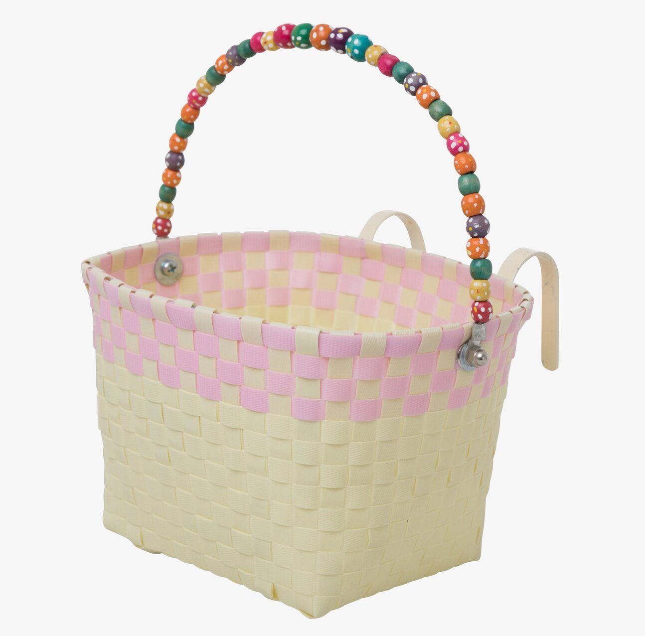 Bild av färgglad cykelkorg med pastell och pärlor