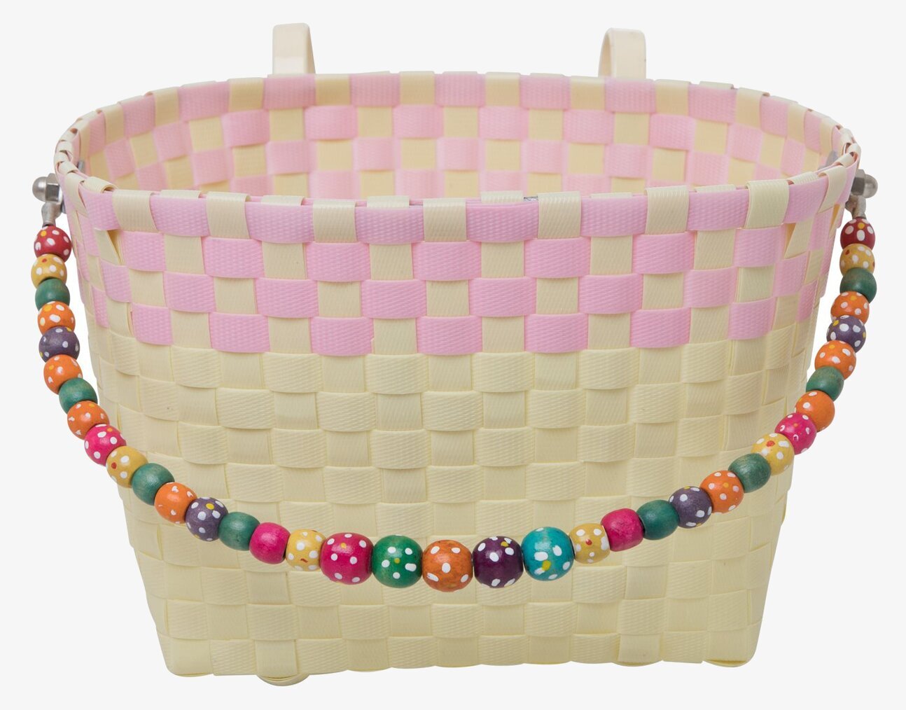 Bild av pastellgul cykelkorg med färgglada detaljer