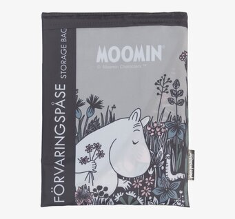 Bild av förvaringspåse med Muminmotiv och blommor