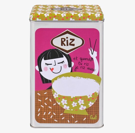 Plåtburk Ris Rosa från Derrière la porte med färgglad design