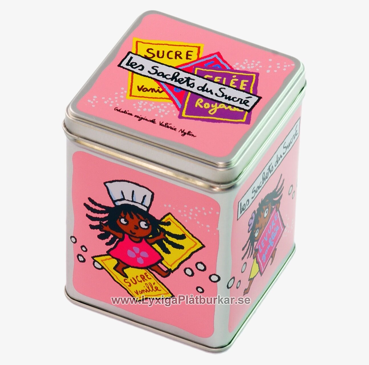 Plåtburk Småsött rosa från Derriére la porte med tecknad flicka