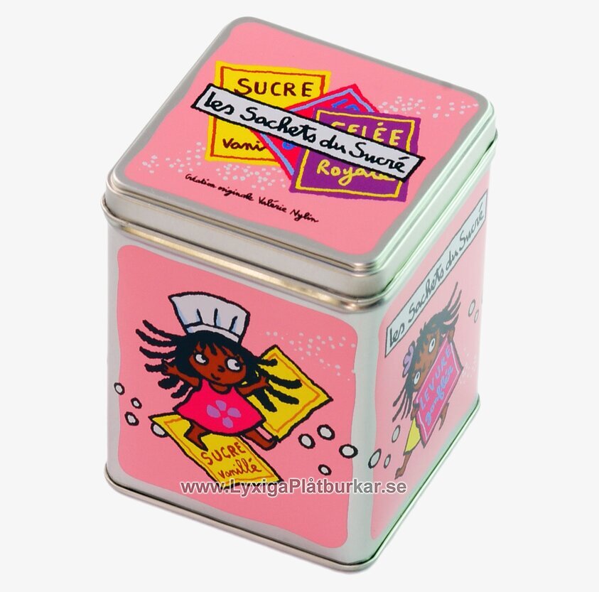 Plåtburk Småsött rosa från Derriére la porte med tecknad flicka