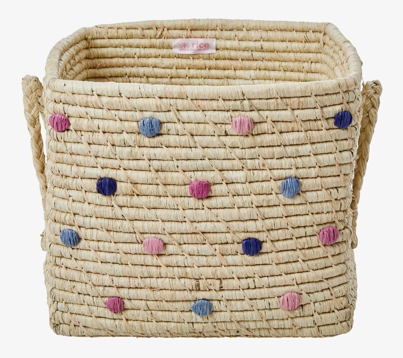 Bild av fyrkantig raffiakorg med färgglada prickar