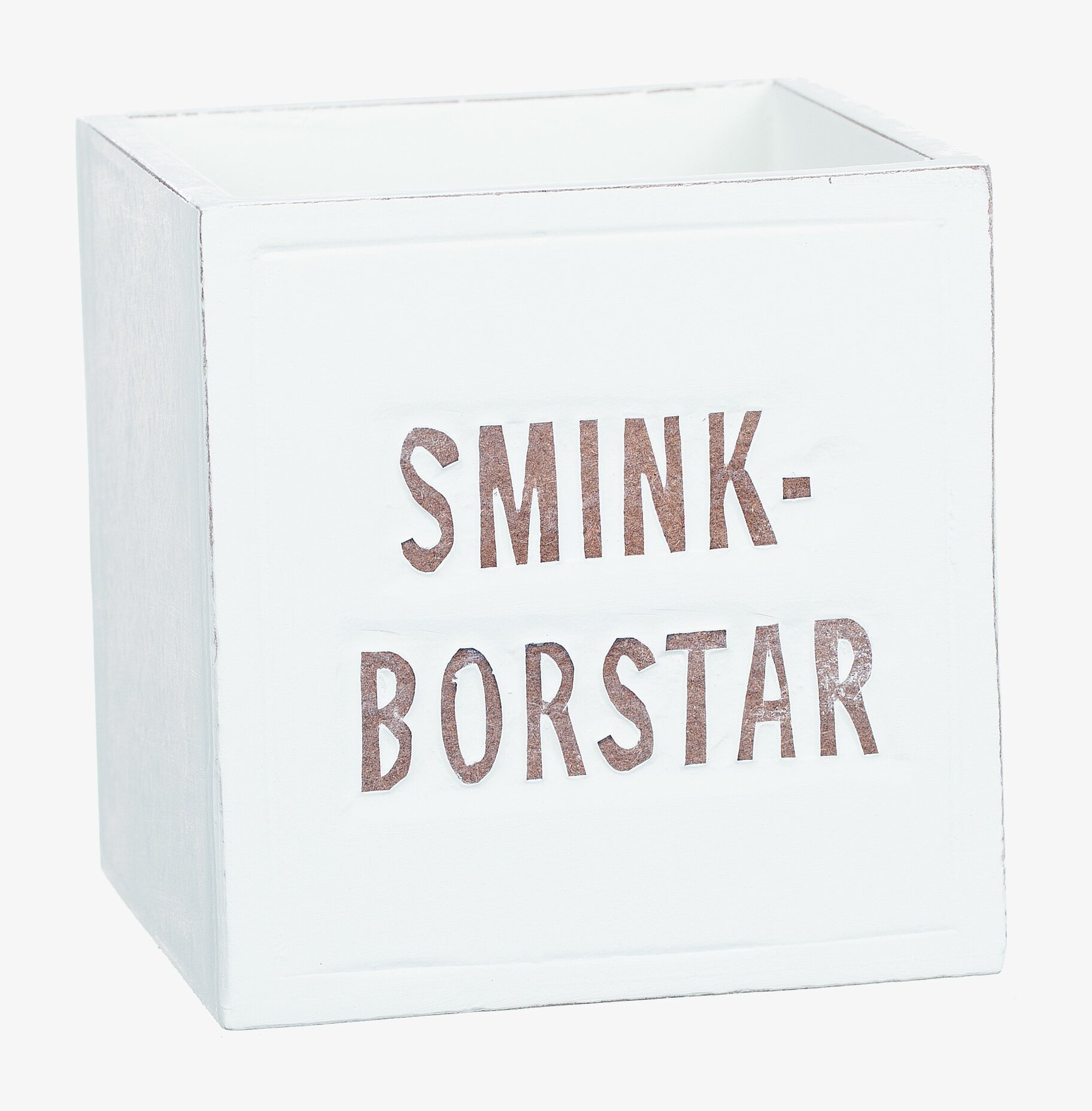 Bild av vit trälåda för sminkborstar med stilren text