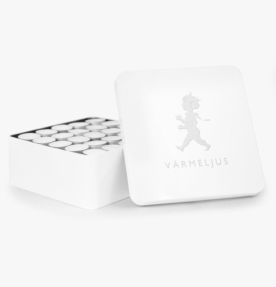 Plåtburk Värmeljus Vit från Solstickan med logotyp