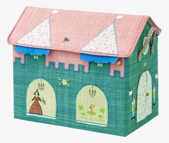 Foto av fantasifullt designad leksakskorg i slottstema