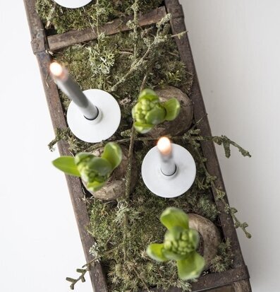 Bild av rustik trälåda med ljushållare och grönska