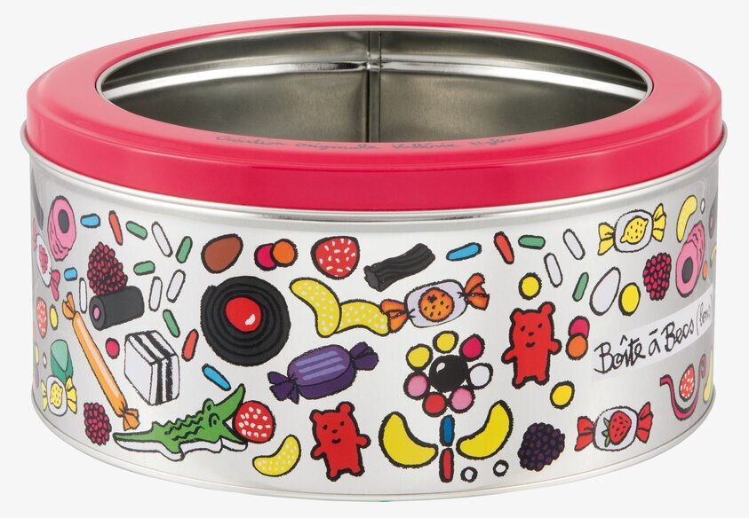 Plåtburk Godis från Derrière la porte med färgglada illustrationer