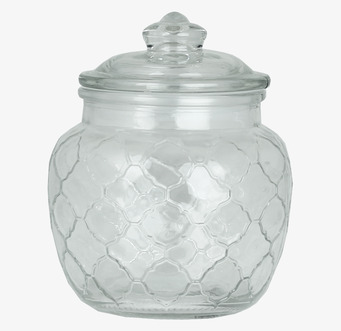 Bild av elegant glasburk med bikakemönster och glaslock
