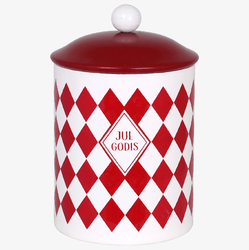 Plåtburk Julgodis från Strömshaga med rött harlekinmönster