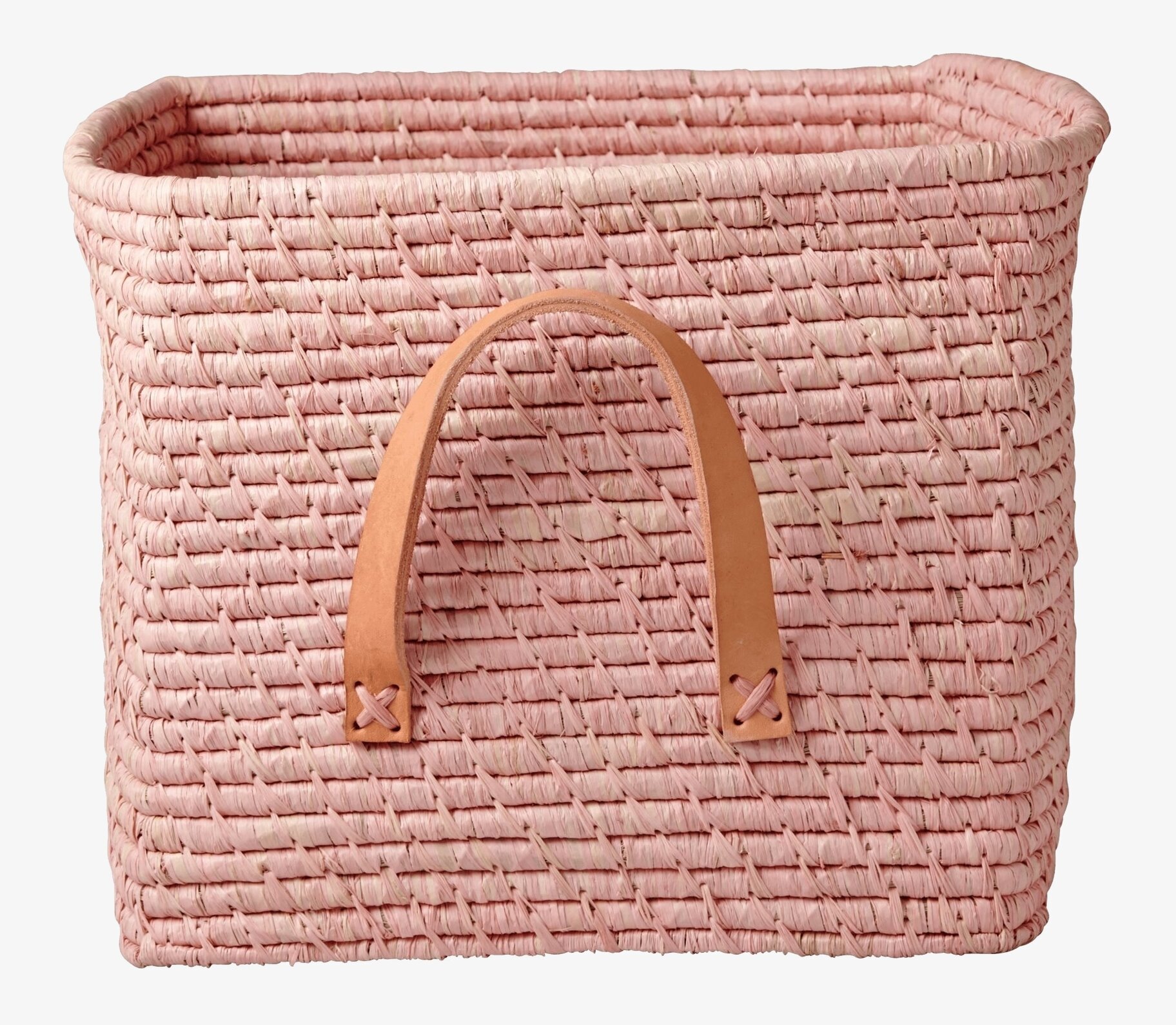 Bild av elegant rosa förvaringskorg med läderhandtag