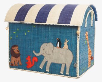 Foto av förvaringskorg med djurmotiv och randigt lock