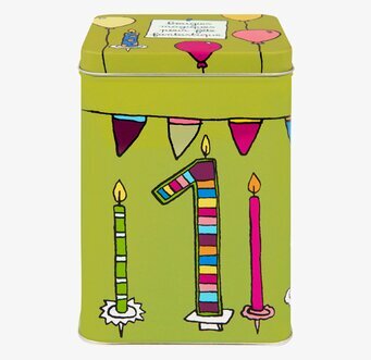 Plåtburk Kalas grön från Derriére la porte med festlig design