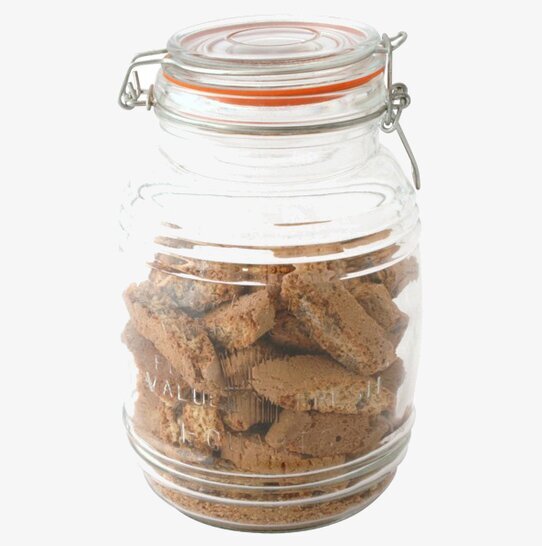 Bild av glasburk med patentlock och biscotti i köket