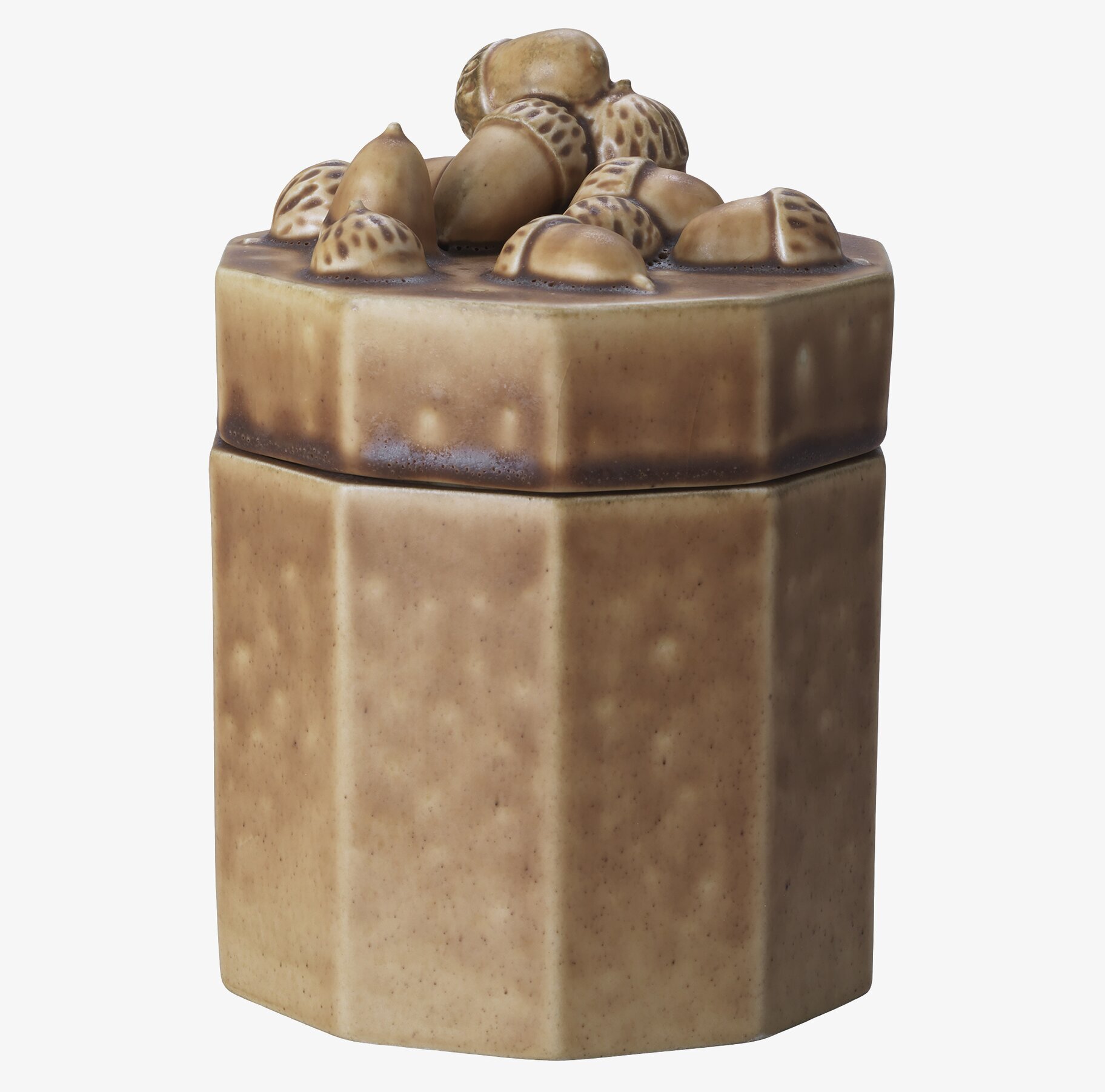 Bild av unik sexkantig lergodsask med ekollonmönster