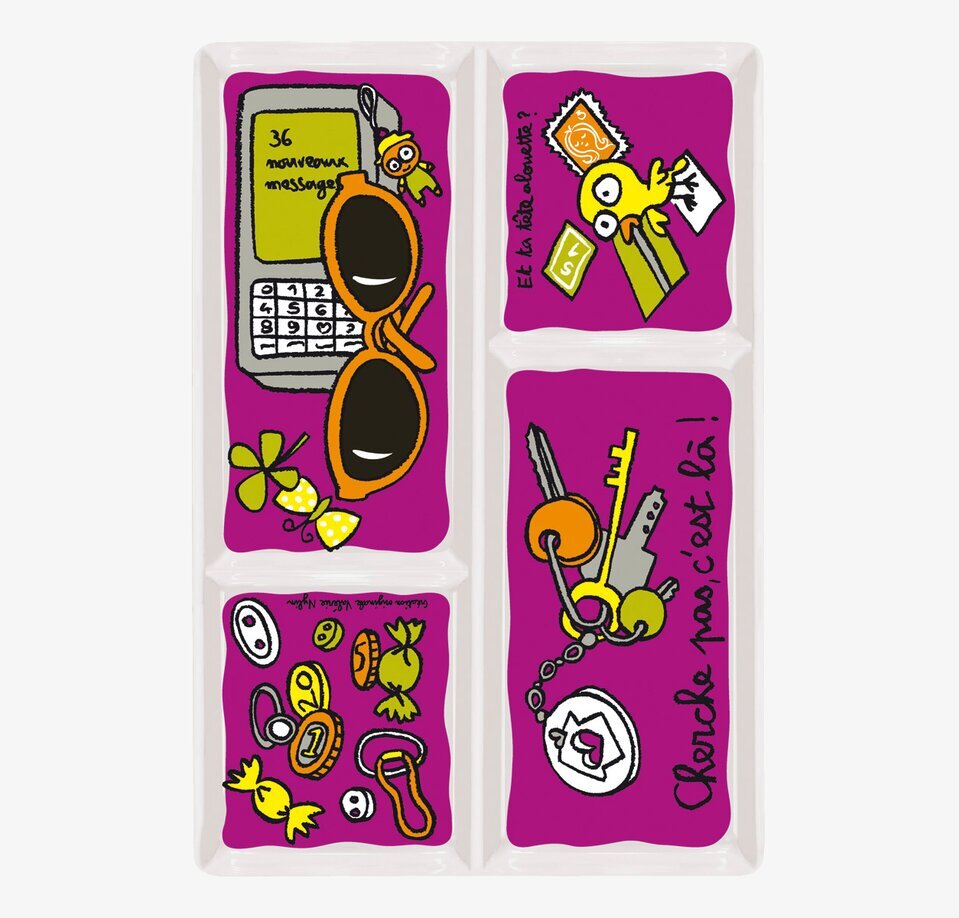 Bild av keramikfat med fack och färgglada illustrationer