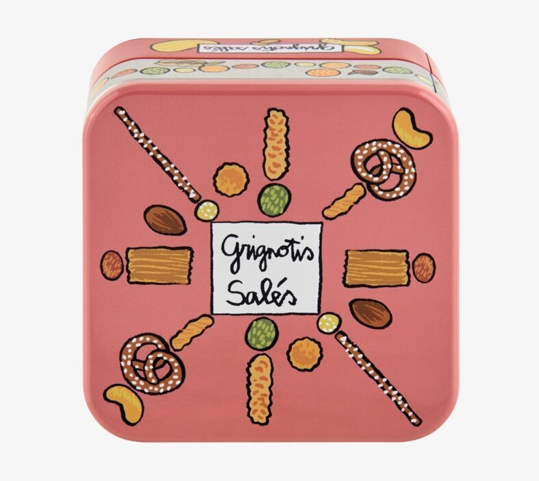 Plåtburk Salta Snacks från Derriére la porte med snacksbilder